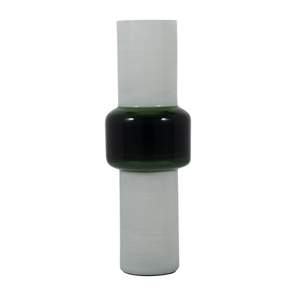 Glass, 19" Modern Cylinder Vase, White/green