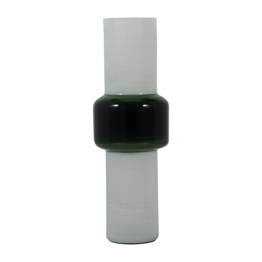 Glass, 19" Modern Cylinder Vase, White/green