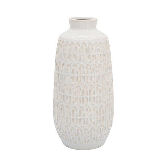 Cer, 12"h Carved Vase, Beige