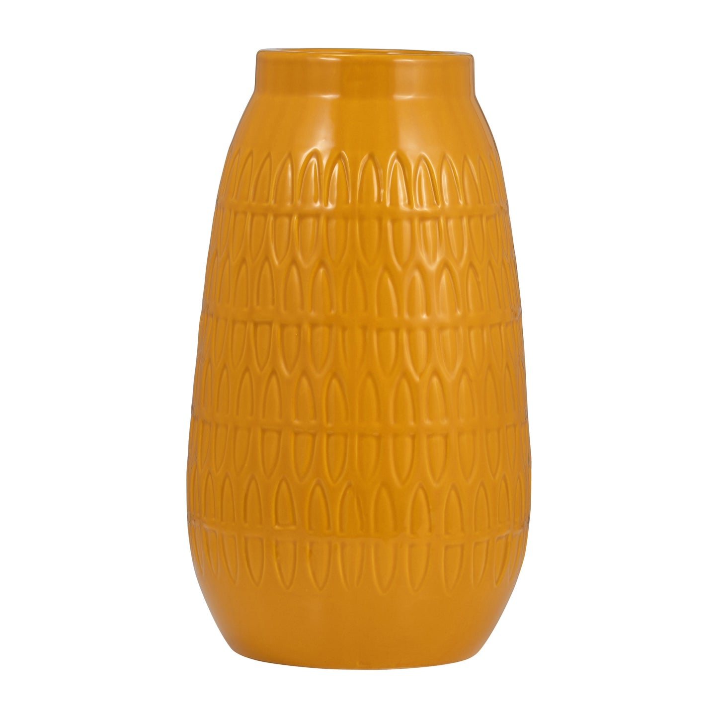 Cer, 12"h Carved Vase, Mustard Gold