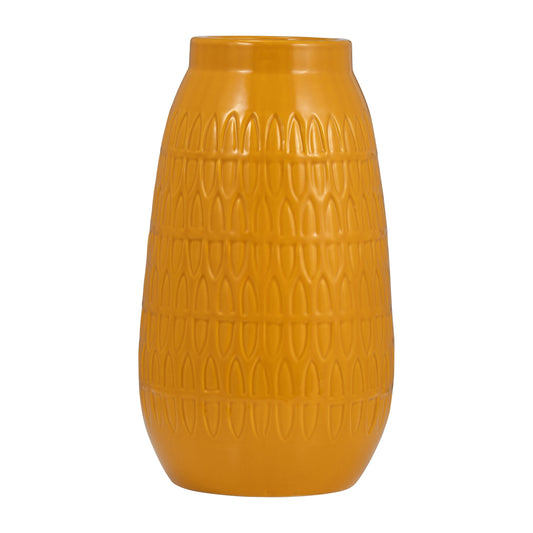 Cer, 12"h Carved Vase, Mustard Gold