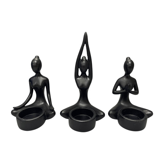 S/3, 7"h Resin Yoga Women Tealight Holder, Bk