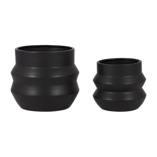 Cer, S/2 6/8" Accordion Planter, Black