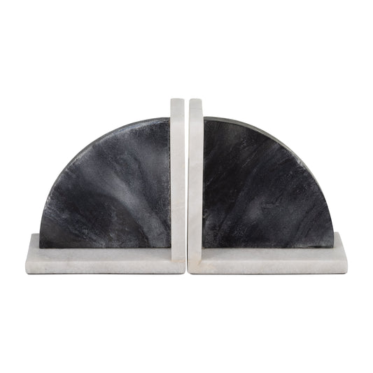 Marble,s/2 6"h,rounded Bookends,black/white