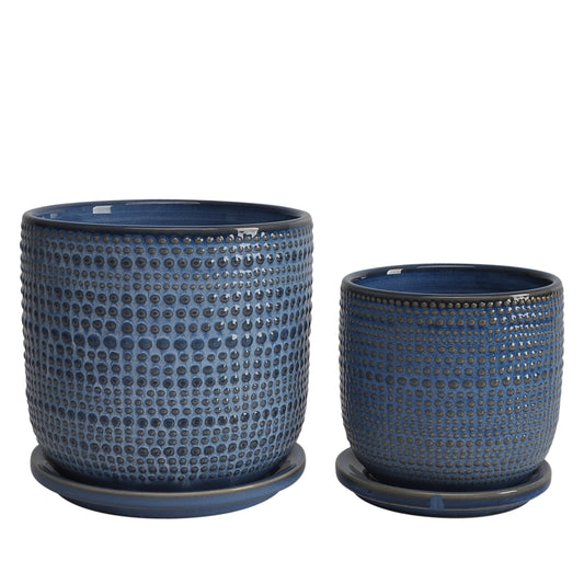 Cer, S/2 2 5/6" Textured Planter W/ Saucer,  Blue
