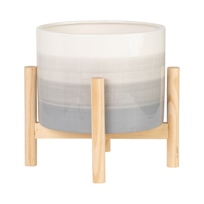 8" Ceramic Planter W/ Wood Stand, Beige Mix