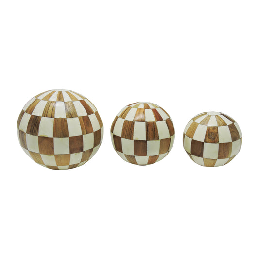 Resin, S/3 4/5/6" Checkered Orbs, Ivory/natural