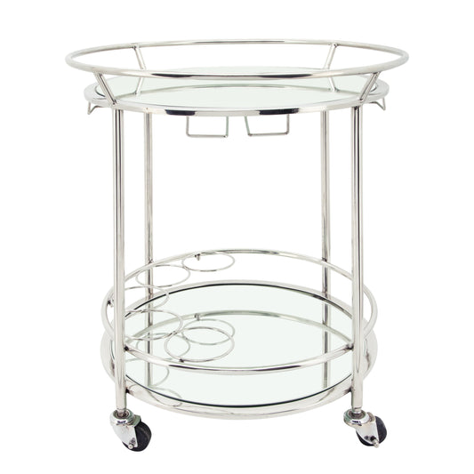 Two Tier 27"h Round Rolling Bar Cart, Silver