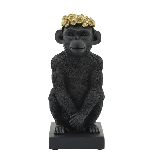 Res, 8" Monkey Flower Crown Figurine,  Blk/gld