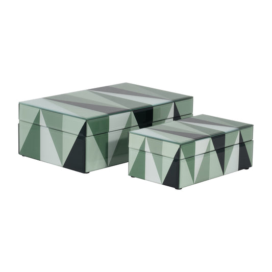Glass, S/2 8/11" Triangles Boxes, Green/white