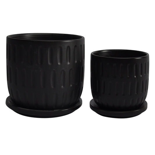 S/2 5/6" Textured Planter W/ Saucer,  Matte Black