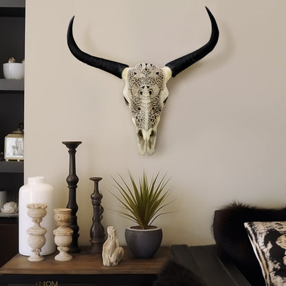 Resin, 28" Bull Skull Wall Accent, Ivory/black Kd