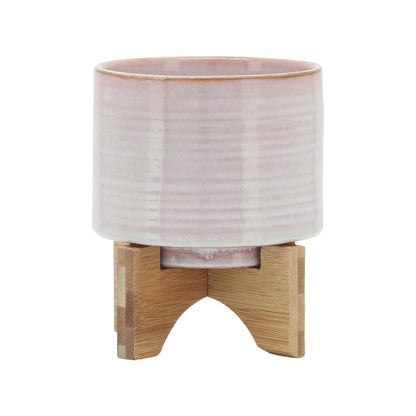 Ceramic 6" Planter On Stand, Cream Stripe