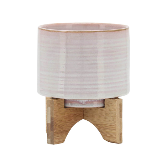 Ceramic 6" Planter On Stand, Cream Stripe