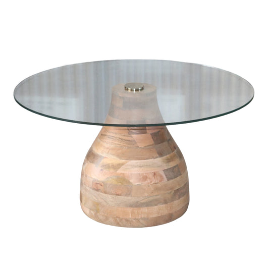 20" Striped Wood Accent Table With Glass Top, Natu