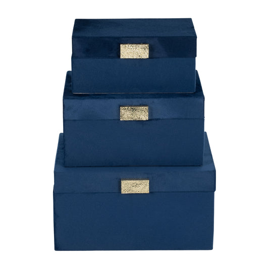 S/3 7/8/9" Velveteen Box W/ Hammered Knob, Nvy/gld