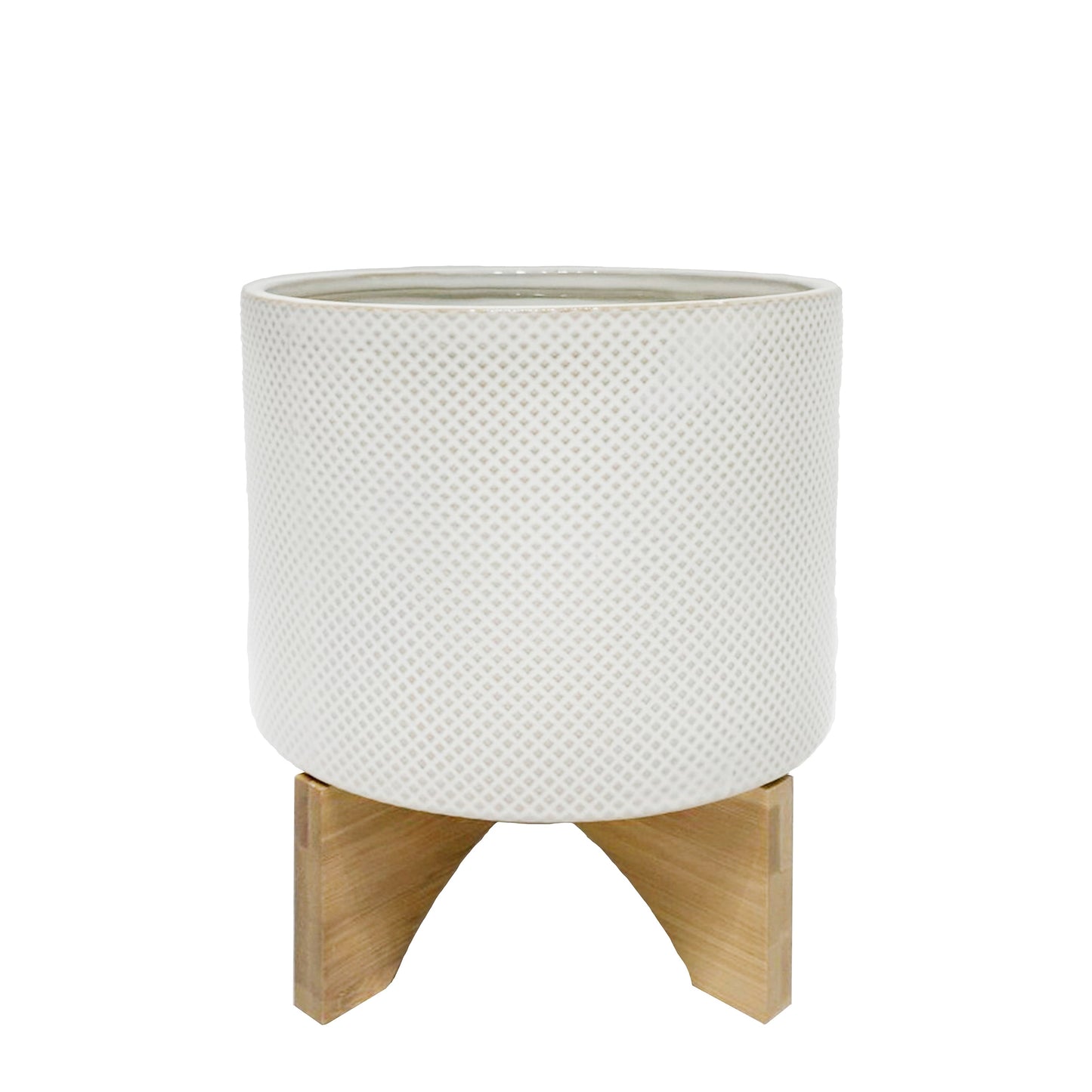 Ceramic 6" Planter On Stand, White /tan Dot