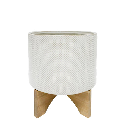 Ceramic 6" Planter On Stand, White /tan Dot