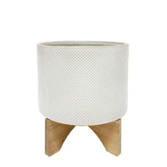 Ceramic 6" Planter On Stand, White /tan Dot