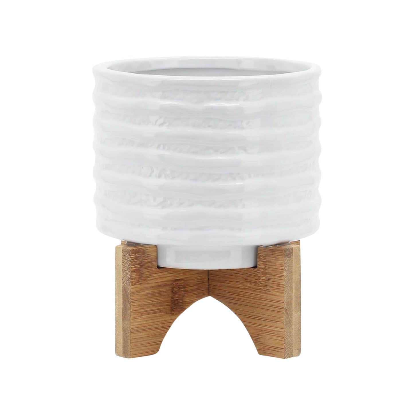 Ceramic 6" Planter On Stand, White Stripe