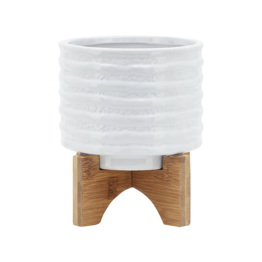 Ceramic 6" Planter On Stand, White Stripe