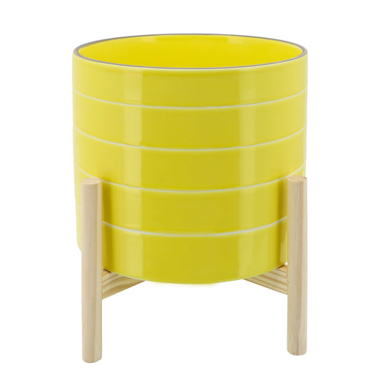 10" Striped Planter W/ Wood Stand, Yellow