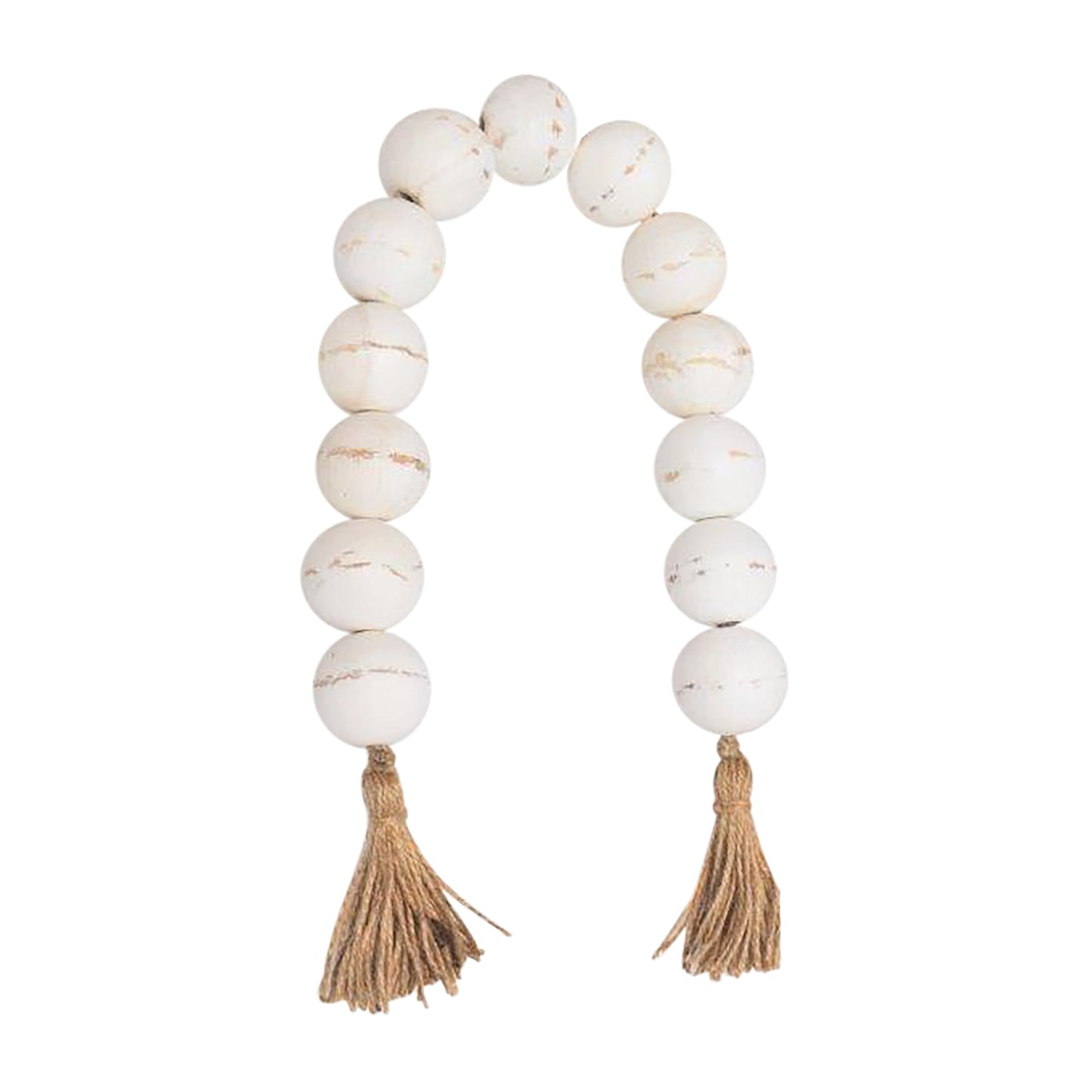 Wood, 32"l, 2"lrg Bead Garland W/ Tassel, Wht Wash