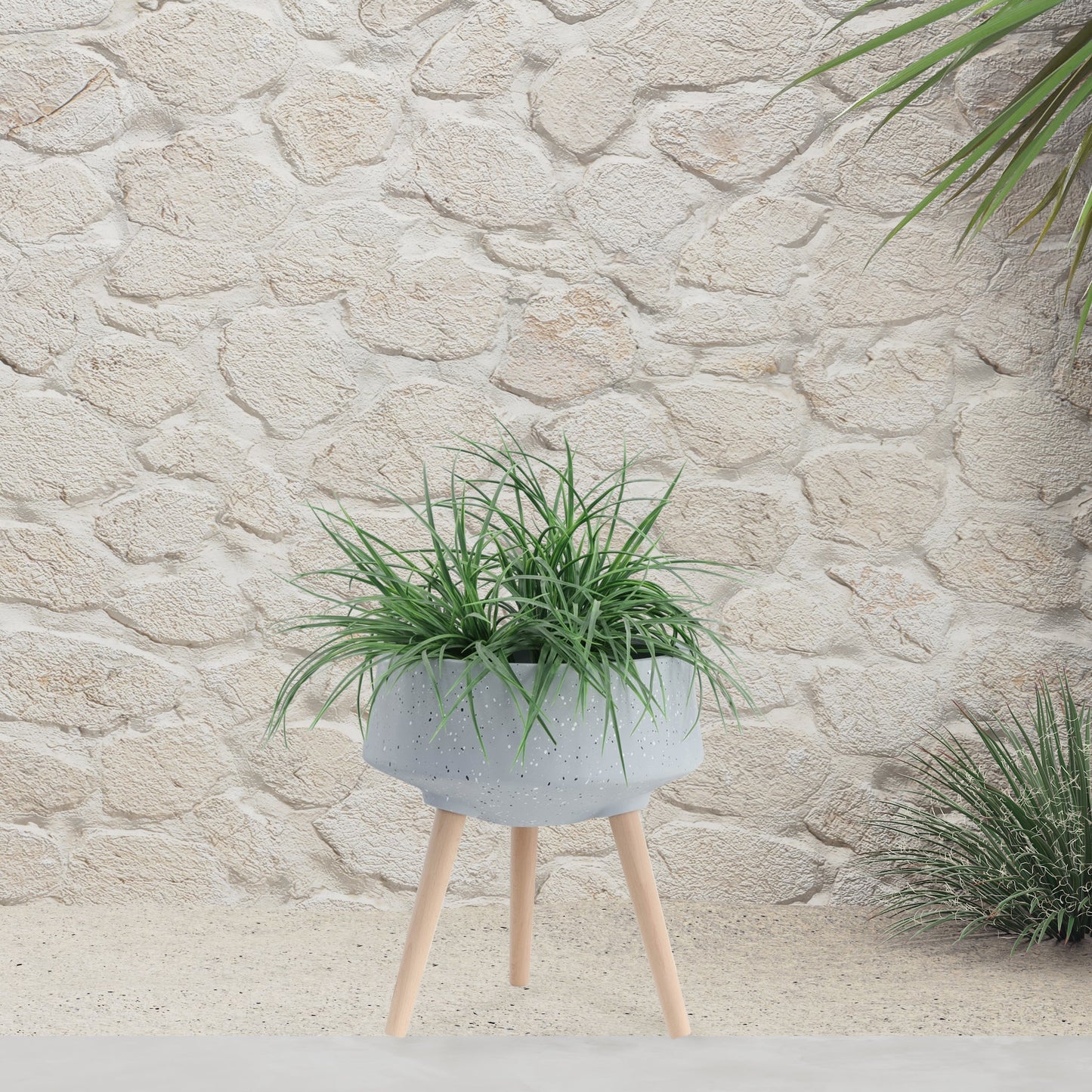 S/2 11/15" Terrazzo Planter W/ Wood Legs,  Gray