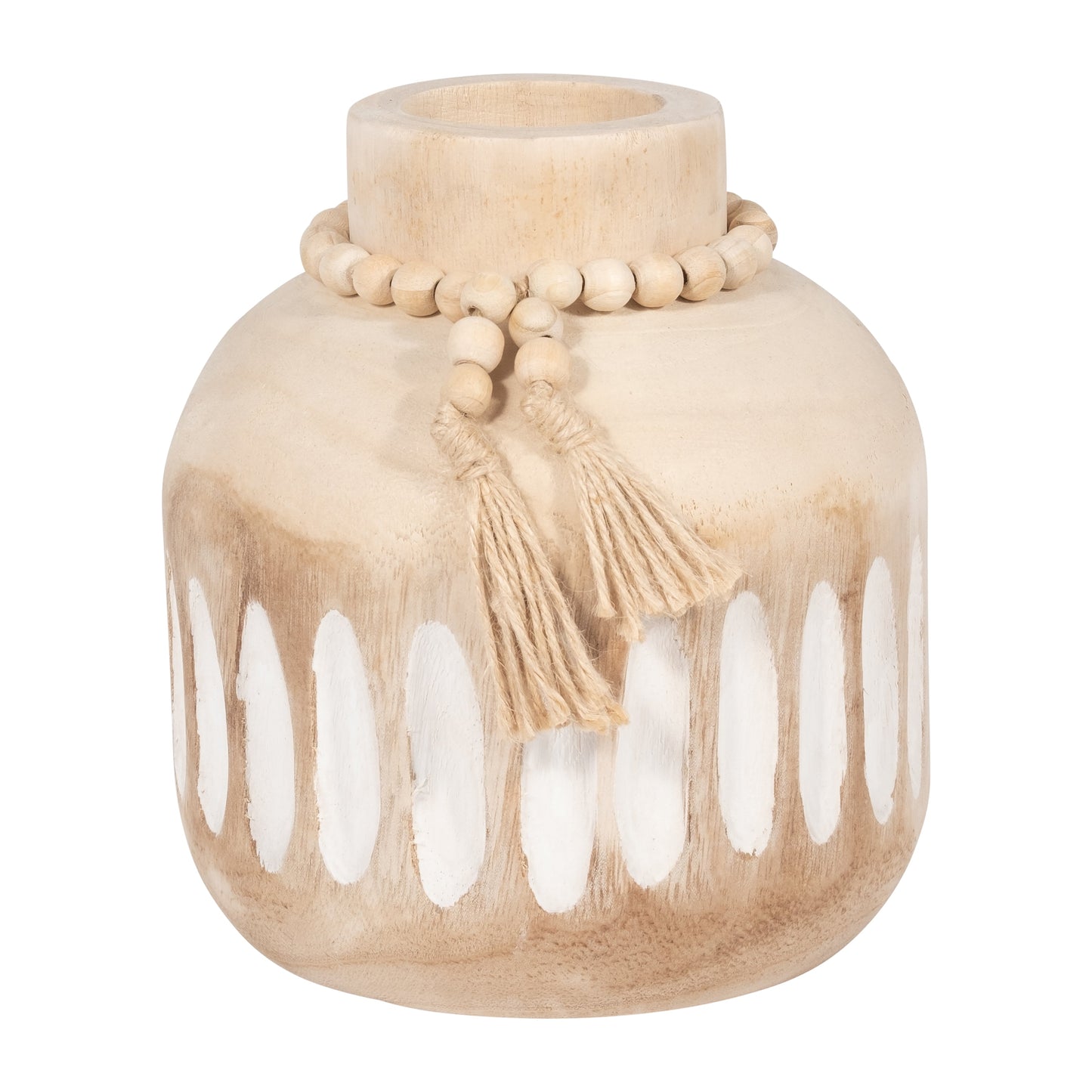 Wood, 8" Round Ridged Vase W/ Tassels, Natural