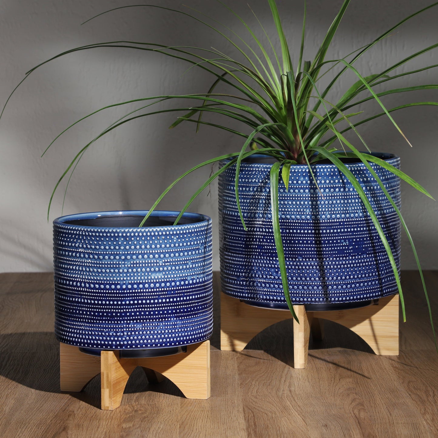 10" Dotted Planter W/ Wood Stand, Blue