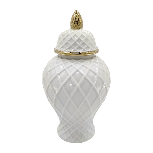 Cer, 14"h Rope Temple Jar, White/gold