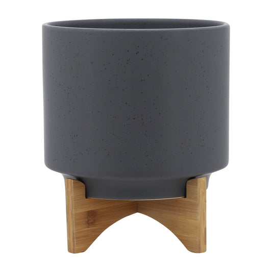 10" Planter W/ Wood Stand, Matte Gray