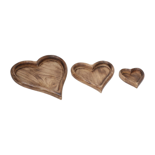 Wood, S/3 7/11/14" Heart Trays, Dark Brown