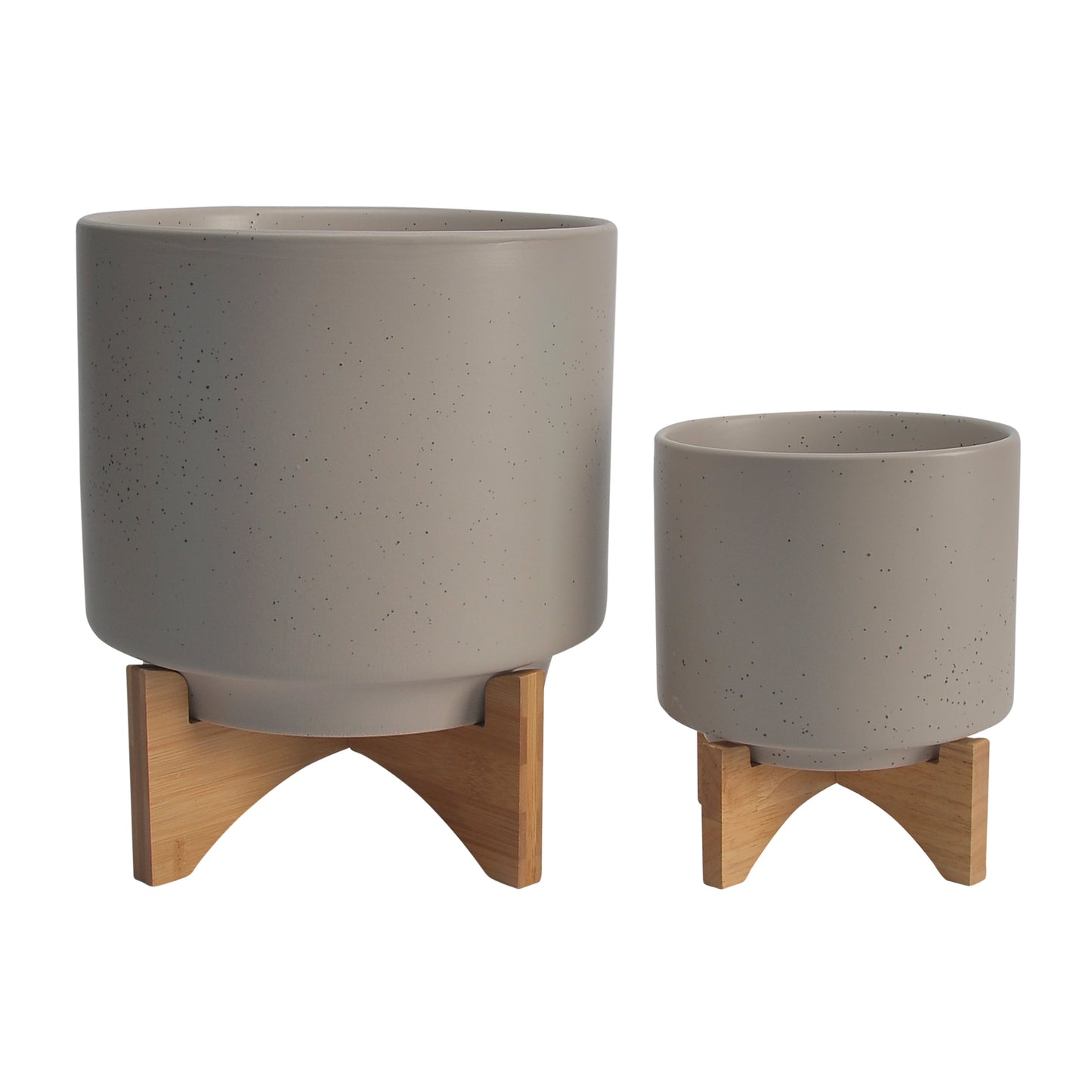 Cer, S/2 8/10"  Planter W/ Wood Stand, Matte Beige
