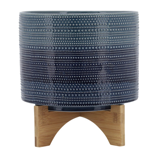 10" Dotted Planter W/ Wood Stand, Blue