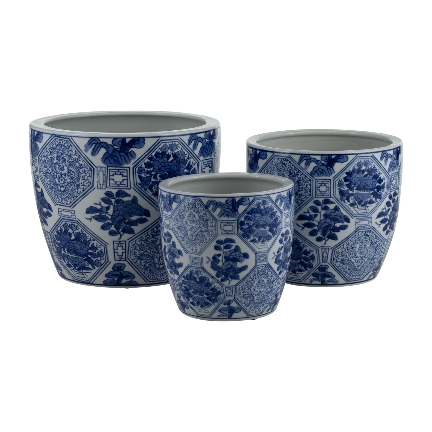 Cer, S/3 6/8/10" Chinoiserie Planters, Blue/white