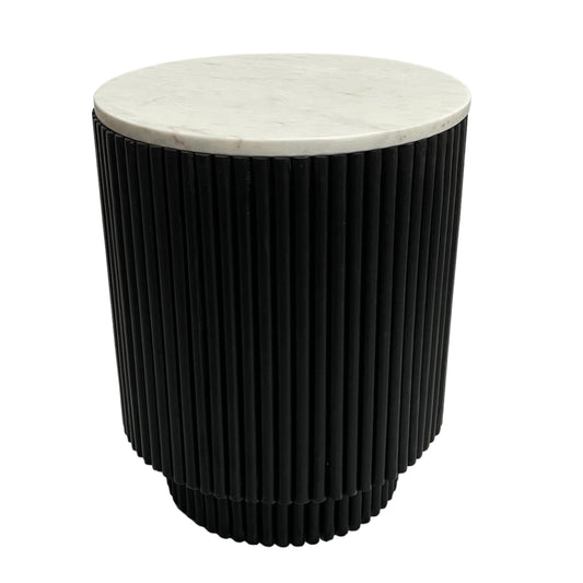 20" Ribbed Pedestal Table Marble Top, White/black