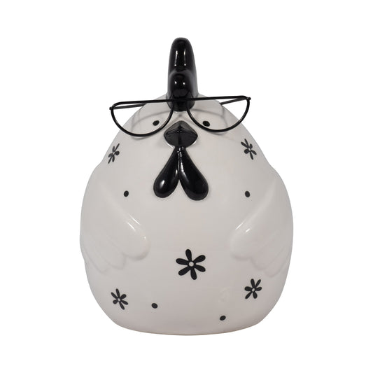 Cer, 7" Chubby Rooster With Glasses, Black/white