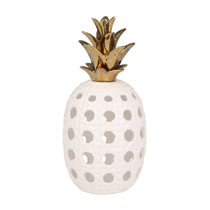 Ceramic 16" Lattice Weave Pineapple, White / Gold