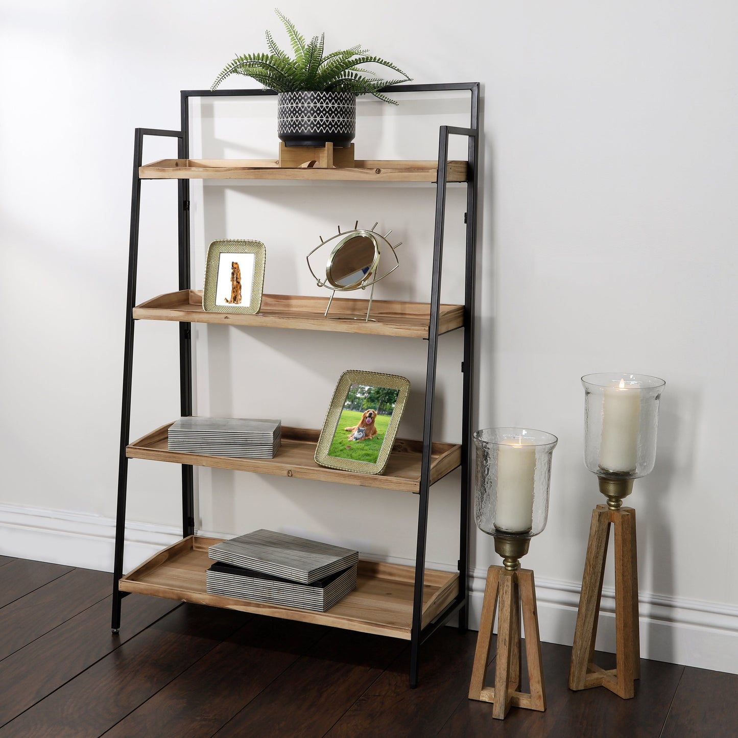 Wood/metal, 52"h Folding 4-layered Shelf, Brwn/blk