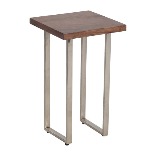 Metal, 20" Square Wood Top Accent Table, Silver