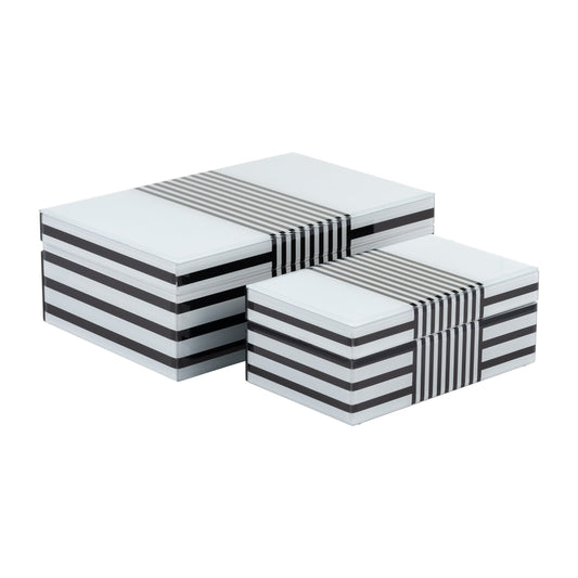 Wood, S/2 8/11" Striped Boxes, Black/white