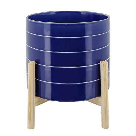 10" Striped Planter W/ Wood Stand, Navy