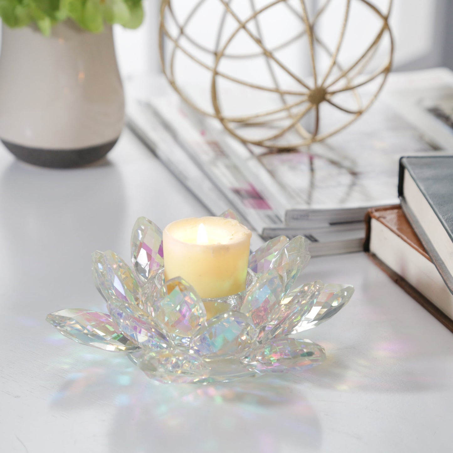 Rainbow Crystal Lotus Votive Holder 6"
