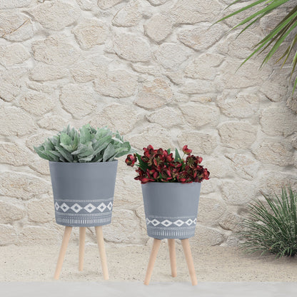 S/2 10/12" Diamond Planter W/ Wood Legs, Gray (kd)