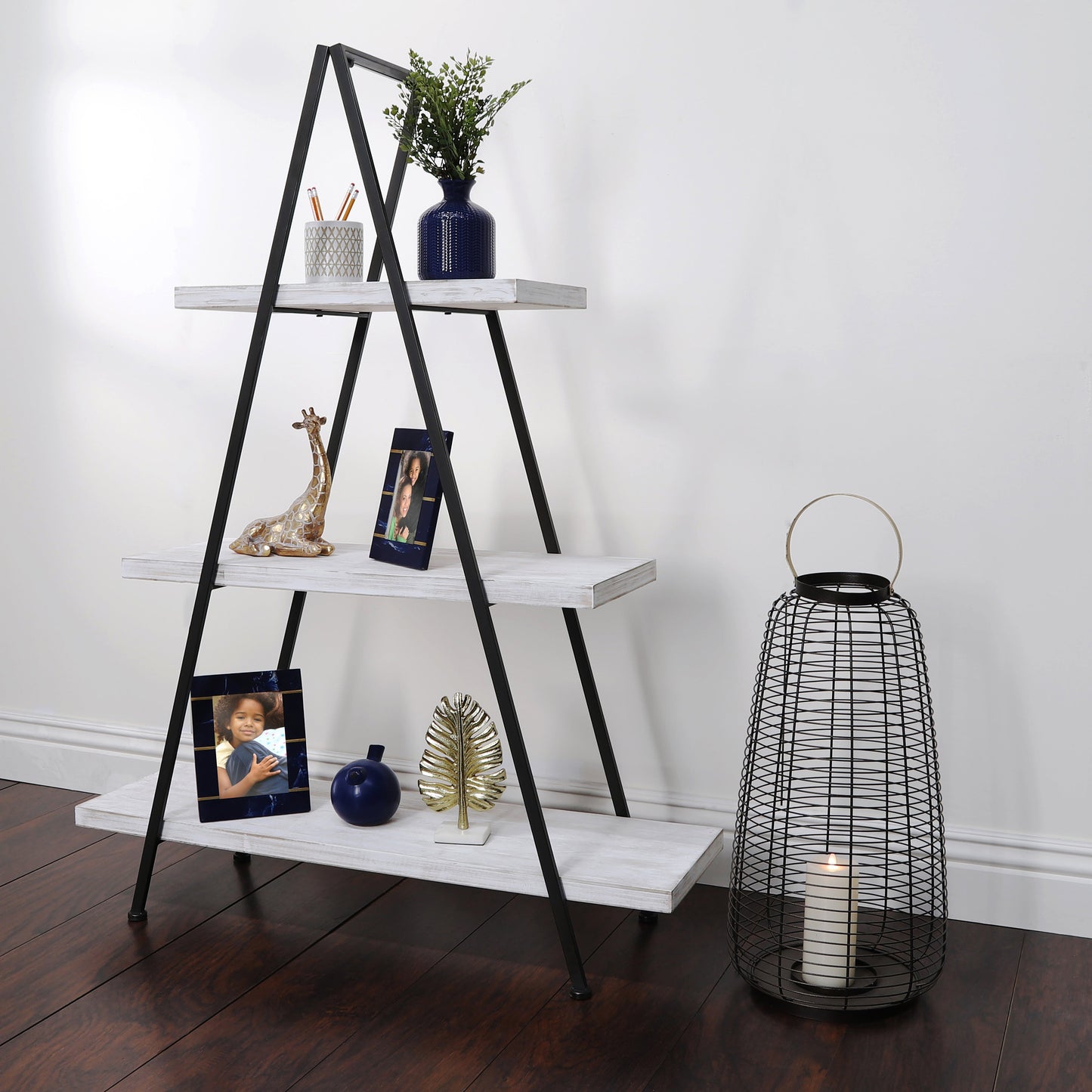 Metal/wood 54" Pyramid Shelf, White/black Kd