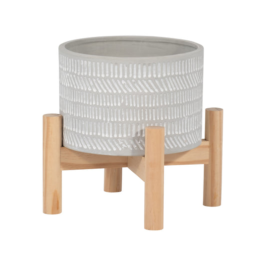 6" Ceramic Tribal Planter W/ Wood Stand, Beige