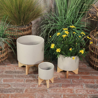 10" Planter W/ Wood Stand, Matte Beige