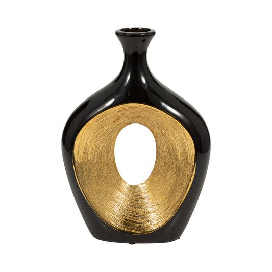Cer, 13"h 2-tone Scratched Oval Vase, Blk/gld