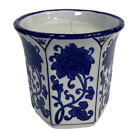 4", 6oz Fluted Chinoiserie Candle , Blue/white